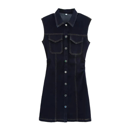 Elegant Pleated Denim Dress for Women – 2025 Chic Slim Fit Lapel Vestido with Short Sleeves & Single-Breasted Design