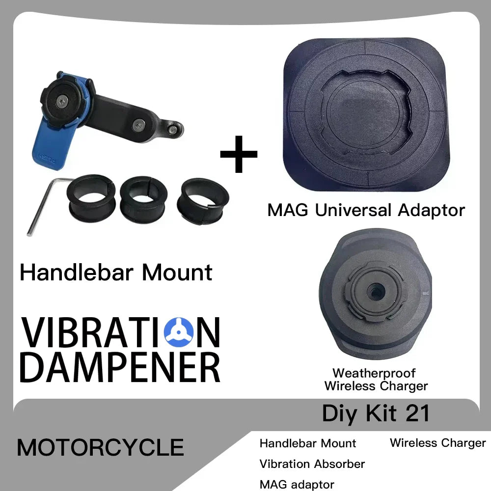 Motorcycle Handlebar Stem Fork Phone Mount — Vibration Dampener with MAG Universal Adapter, Wireless Charger & Mirror Brake Compatible