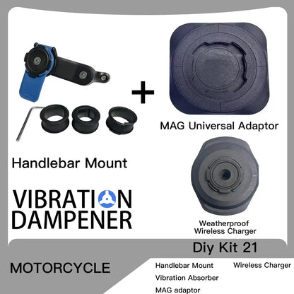 Motorcycle Handlebar Stem Fork Phone Mount — Vibration Dampener with MAG Universal Adapter, Wireless Charger & Mirror Brake Compatible