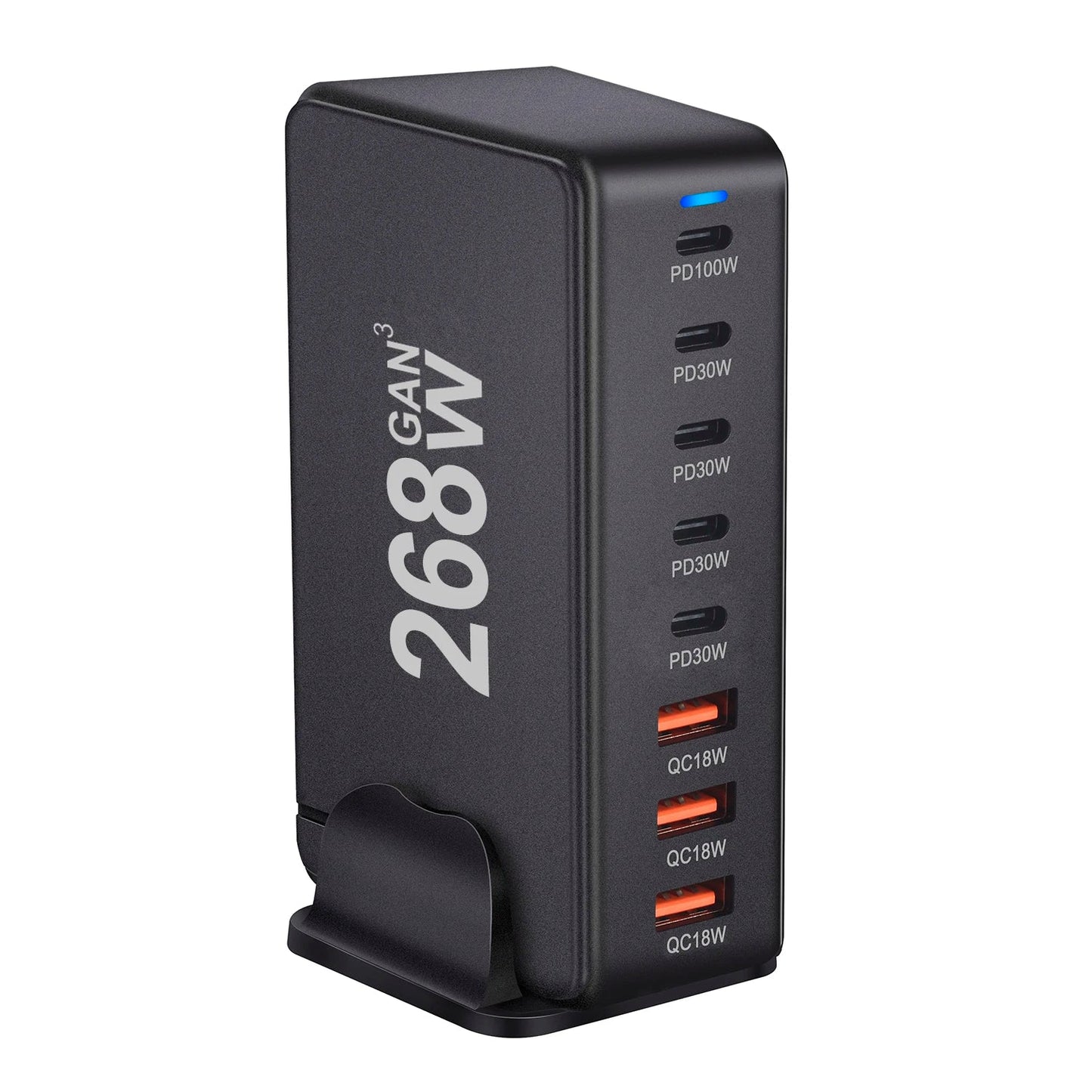 268W Desktop GaN Charger – 8-Port USB Type-C PD Fast Charger with Quick Charge 3.0 for Mobile Devices
