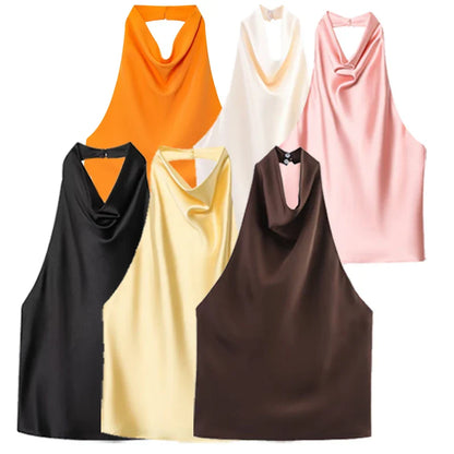 Women's Satin Halter Corset Top – Backless Elegant Sexy Summer Tank Vest in Yellow Pink Black