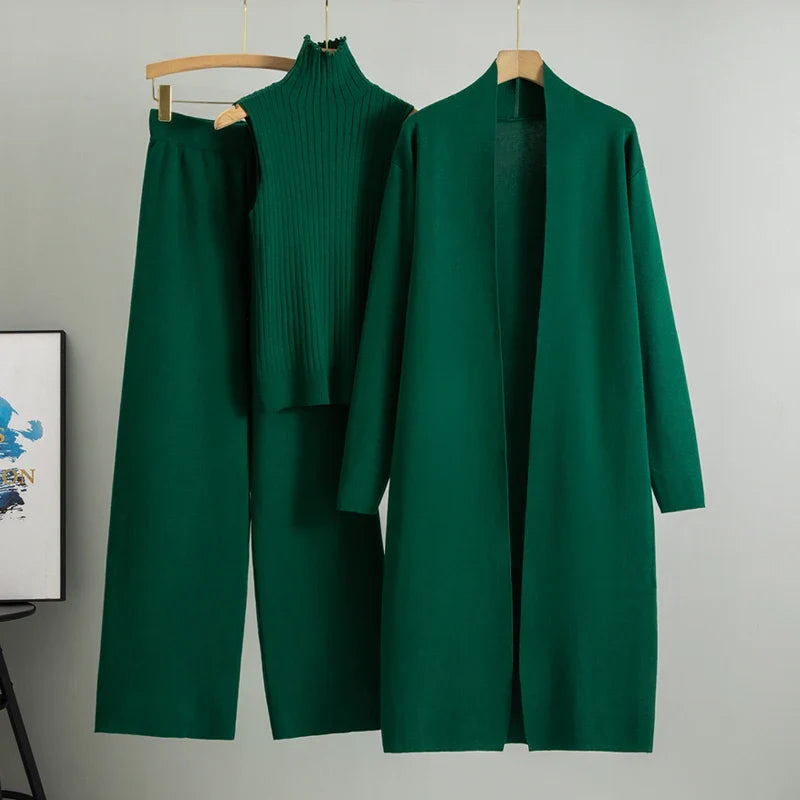 2025 Women’s 3-Piece Knitted Set – Elegant Winter & Autumn Cardigan, Sweater, and Wide-Leg Pants