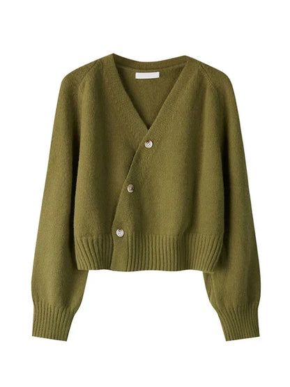 Korean Women's Autumn Winter Knitted Cardigan – Diagonal V-Neck Long Sleeve Single-Breasted Sweater