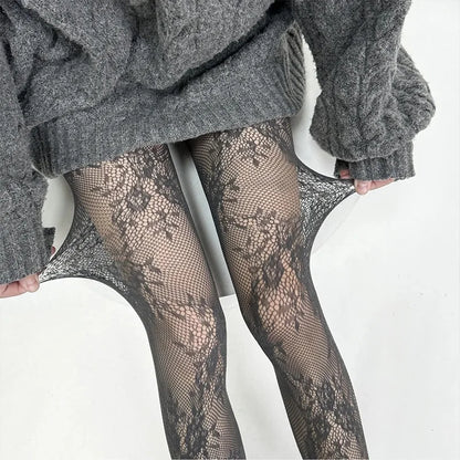 Women's Floral Lace Mesh Pantyhose - Harajuku Hollow Out Tights with Rattan Pattern Fashion Hosiery