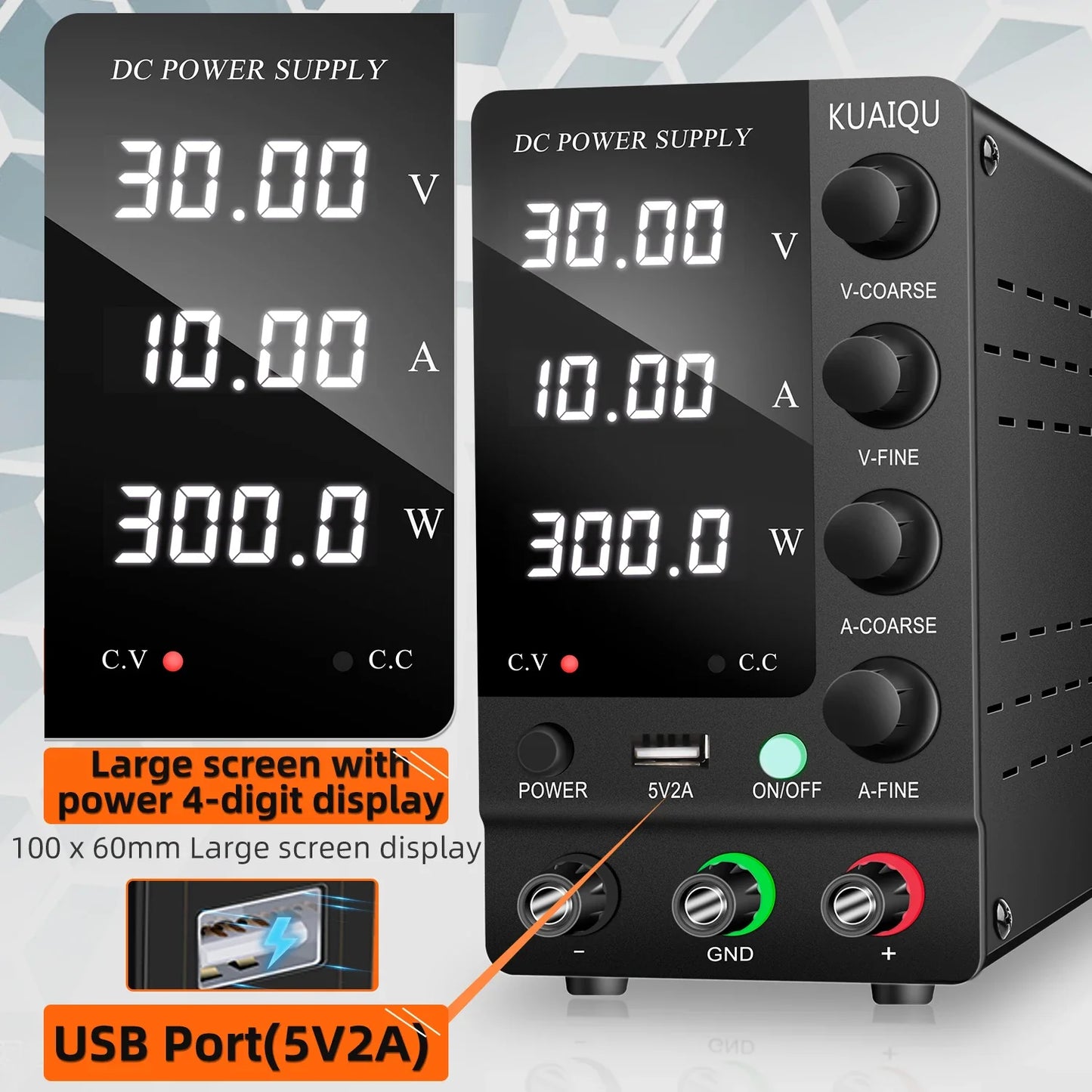 KUAIQU Adjustable DC Power Supply – Lab Bench 30V 10A, 60V 5A, 120V 3A with Preset Current & USB Interface