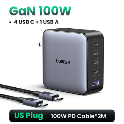 UGREEN 100W GaN 5-Port USB-C Charger – Fast Charger QC4.0/3.0 PPS for MacBook, Laptop, iPhone 16/15/14 Pro, Tablet