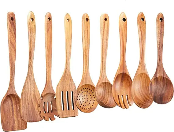 1–10PCS Teak Wooden Cooking Spoons – Smooth Non-Stick Wooden Utensils Set for Kitchen Cooking