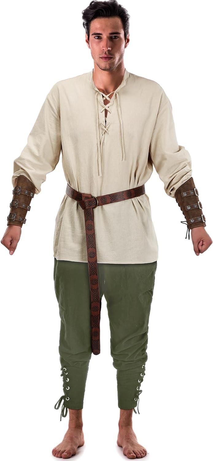 Jiuguva 4-Pcs Halloween Men's Renaissance Costume Set – Medieval Pirate Shirt, Ankle Banded Pants & Viking Belt Accessories