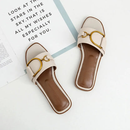 Women’s Flat Slippers — Summer Leather Square Toe Flats, Designer Slides & Luxury Sandals