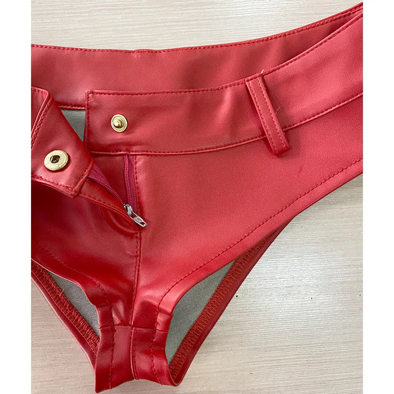 2025 Sexy Women’s Low Waist Patent Leather PU Shorts – Nightclub Style with Button & Zipper