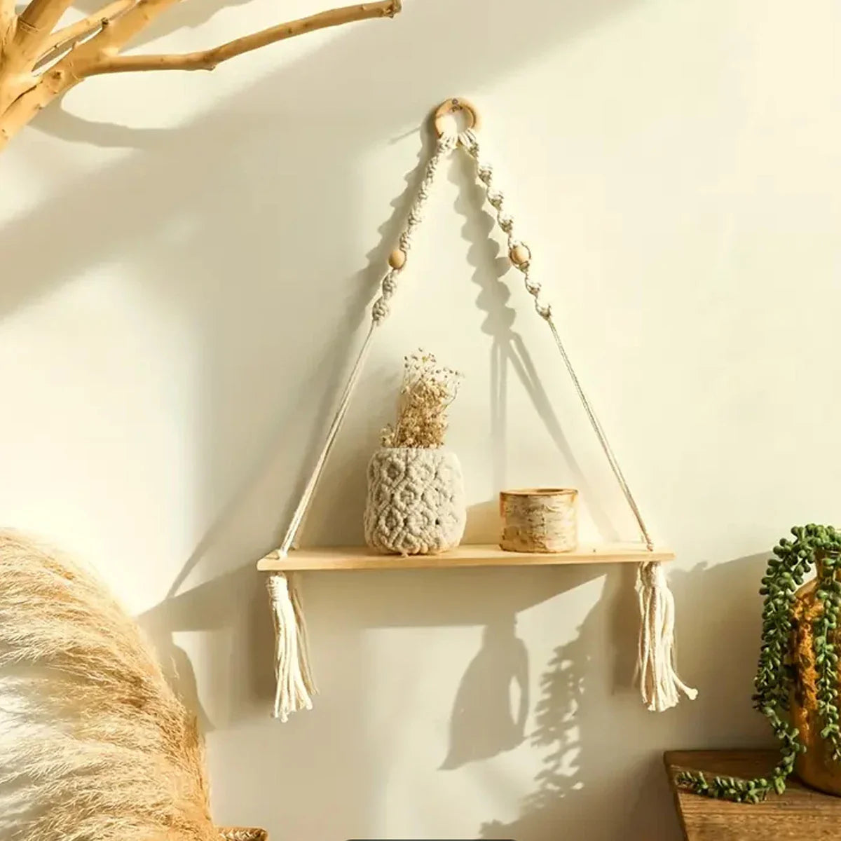 Macrame Hanging Shelf | Boho Wall Decor for Bedroom and Nursery | Rustic Wood Floating Shelves for Living Room and Bathroom | 1 PC