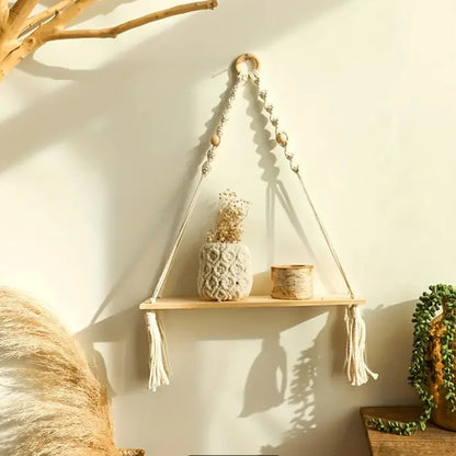Macrame Hanging Shelf | Boho Wall Decor for Bedroom and Nursery | Rustic Wood Floating Shelves for Living Room and Bathroom | 1 PC