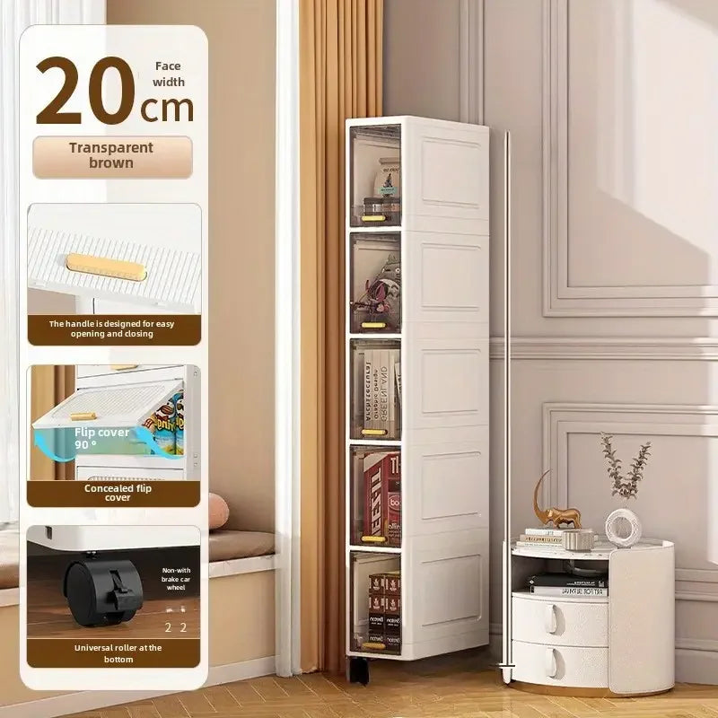 20cm Slim Storage Cabinet - 3/4/5 Tier Narrow Rolling Organizer Shelf with Wheels for Space-Saving Home Storage