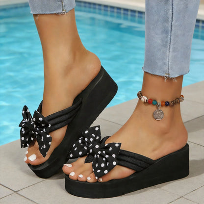 Women’s Polka Dot Bow Wedge Sandals - Lightweight EVA Platform Beach Flip Flops