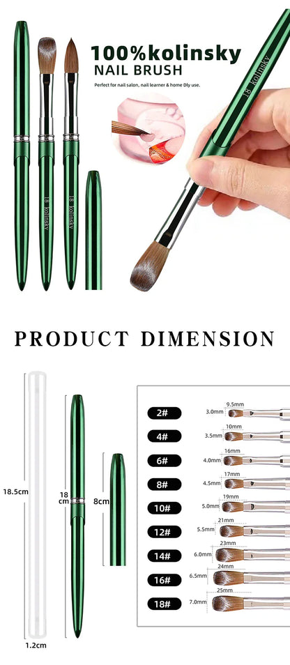Kolinsky Acrylic Nail Brush — 100% Pure Metal Handle, Sizes 2-18 High-Quality Nail Tool