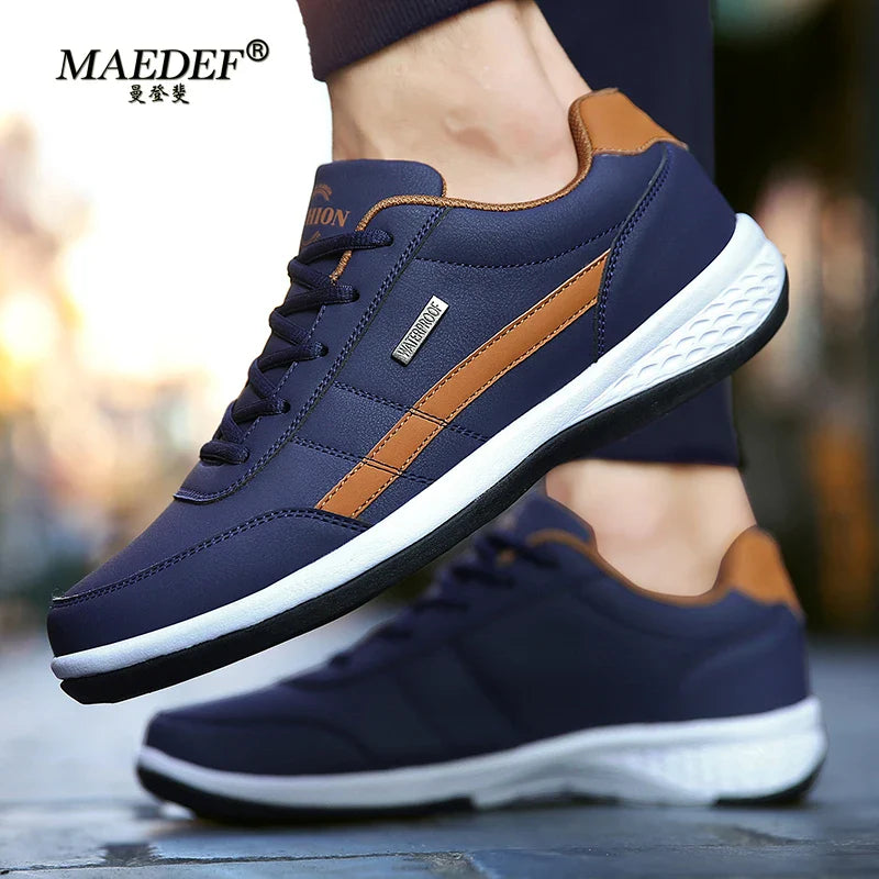MAEDEF Men's Leather Sneakers – Waterproof Casual Lace-Up Footwear, Comfortable Vulcanized Shoes for Men