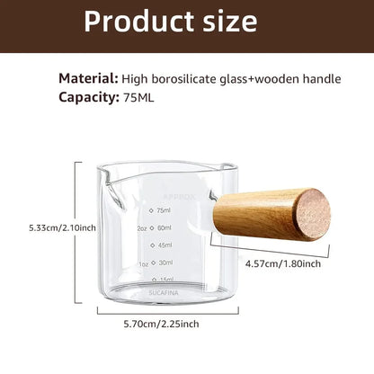 Glass Measuring Cup with Wood Handle – Clear Espresso and Milk Coffee Mug with Double Spout
