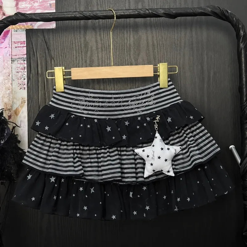 Japanese Kawaii Polka Dot Skirt - Y2K Bow Print Mini Skirt with Puffy Lolita Style