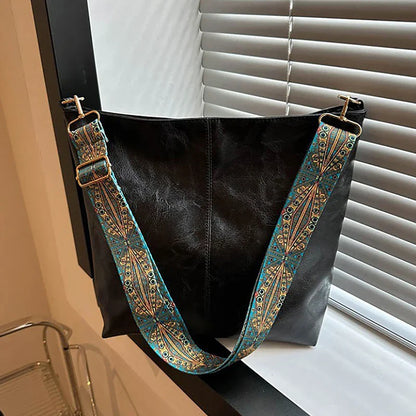 Wide Geometric Strap Shoulder Bag - Large Capacity Crossbody PU Leather Bag for Women, Retro Style for Shopping and Travel