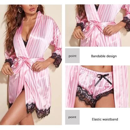 Stylish Women's Summer Lace Satin Sleepwear Set - Comfortable Pajama Pants and Silk Robe for a Sexy and Cozy Night