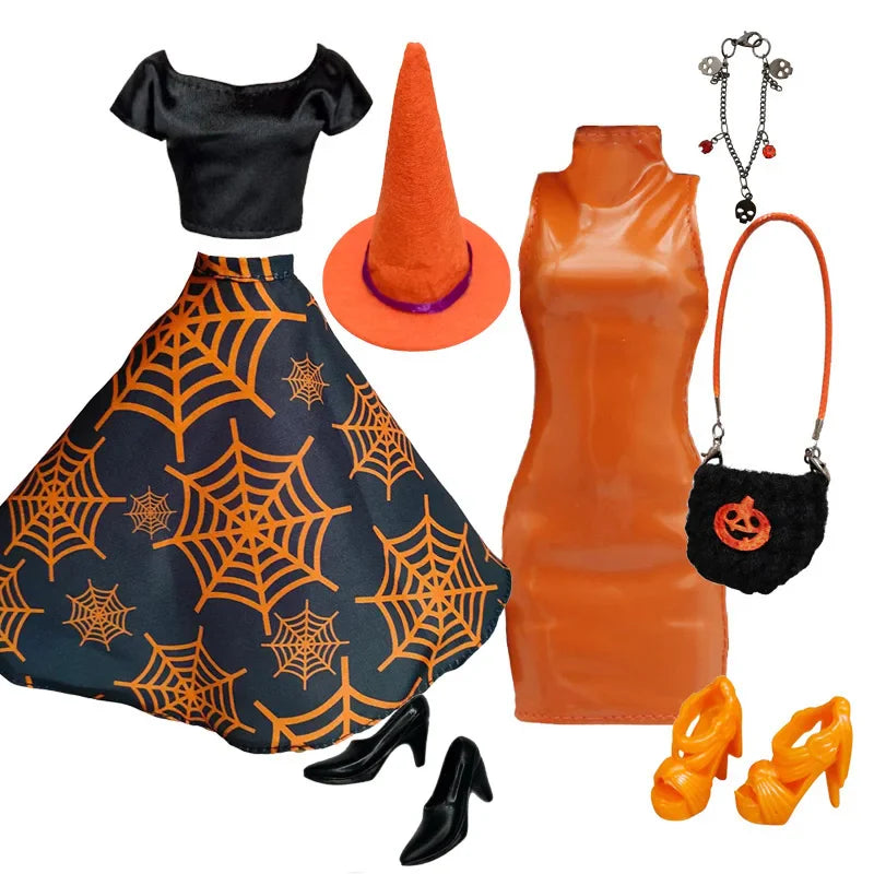 1/6 Doll Halloween Cosplay Outfit – Witch Dress, Cap, Belt, Bag & Broom for 12" BJD / 30cm Dolls
