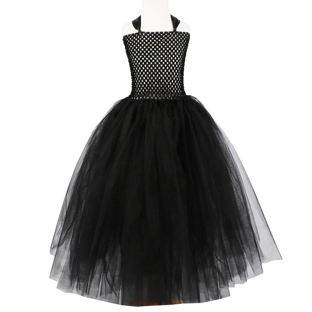 Girls’ Evil Queen Tutu Dress - Handmade Black Mesh Princess Halloween Cosplay Costume