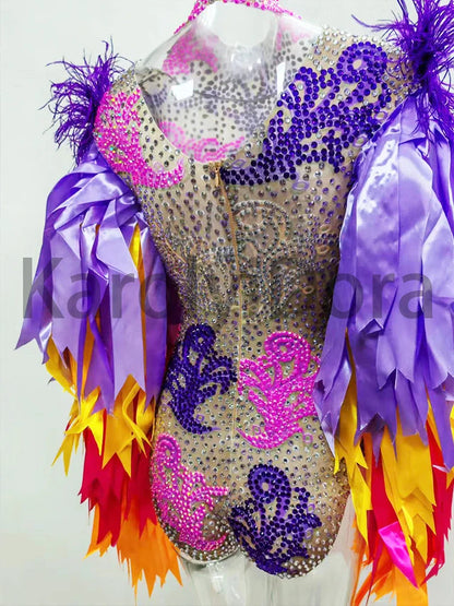 Colorful Feather Sleeve Rhinestone Bodysuit – Women’s Nightclub Party Dance Performance Costume