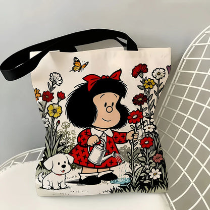 Vintage Cartoon Girl & Puppy Gardening Tote Bag – Cute Floral Watering Scene Canvas Shopper with Butterfly Design, Large Capacity Casual Handbag