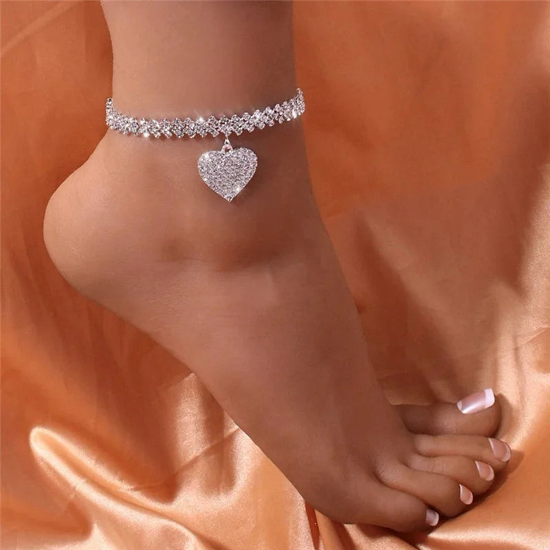Women's Premium Copper Inlaid Water Diamond Love Foot Chain Bracelet – Fashion Wedding Party Jewelry Accessories