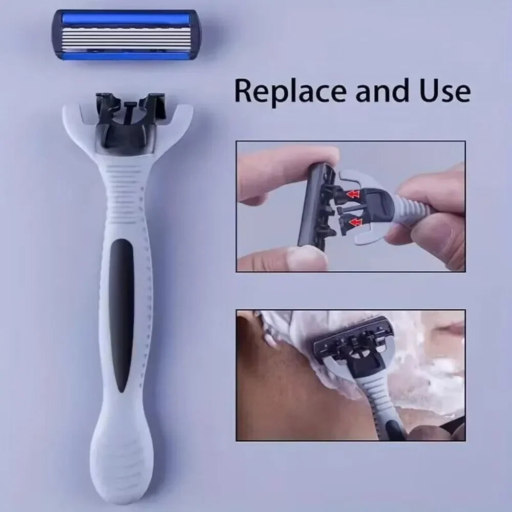 Men’s Manual Safety Razor – 6-Layer Stainless Steel Hair Removal Knife with Replaceable Razor Head and Tools