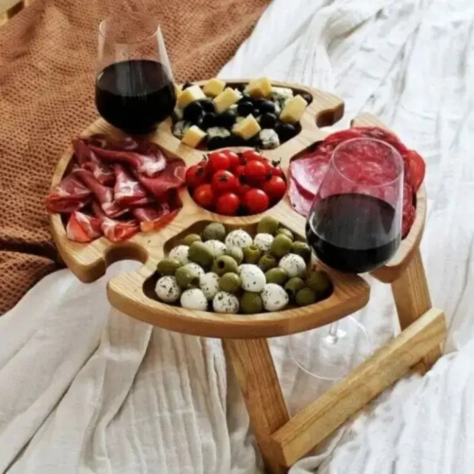 Wooden Folding Picnic Table – Round Foldable Desk with Wine Glass Rack, Portable Snack Table for Outdoor Camp