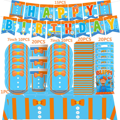 Happy Birthday Party Supplies Set — Cartoon Movie Theme Flag Banner, Paper Tableware, Latex Balloons & Cake Topper Decoration