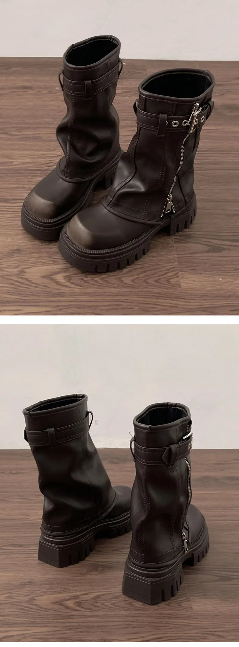Women’s Winter Biker Boots – Fashion Belt Buckle Platform Short Booties, Casual Knight-Style Flats
