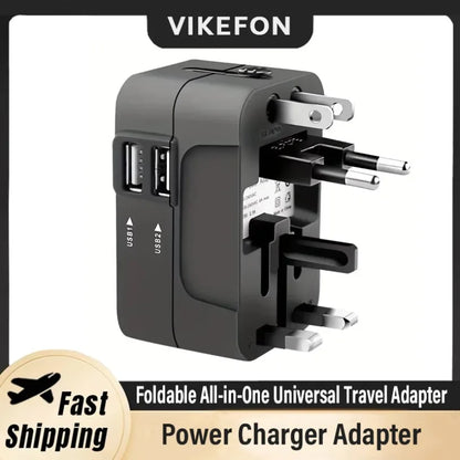 All-in-One Foldable Universal Travel Adapter – EU, UK, US, AU Power Charger with Dual USB 2.1A Ports and Outlet Converter Socket