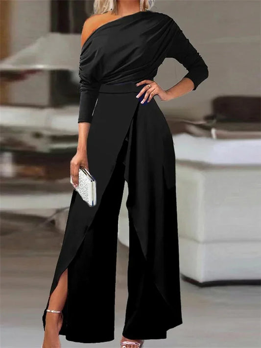 Women’s Elegant Jumpsuit 2025 – Spring Office Wear, Loose Ruched Cold Shoulder, Split Hem Wide Leg Plain Jumpsuit