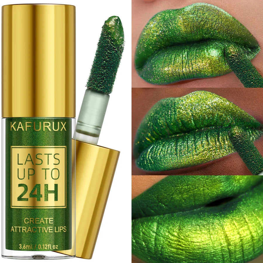 Green Glitter Lip Glaze – Waterproof, Long-Lasting Metallic Lip Gloss with Bold Pearlescent Tint Makeup