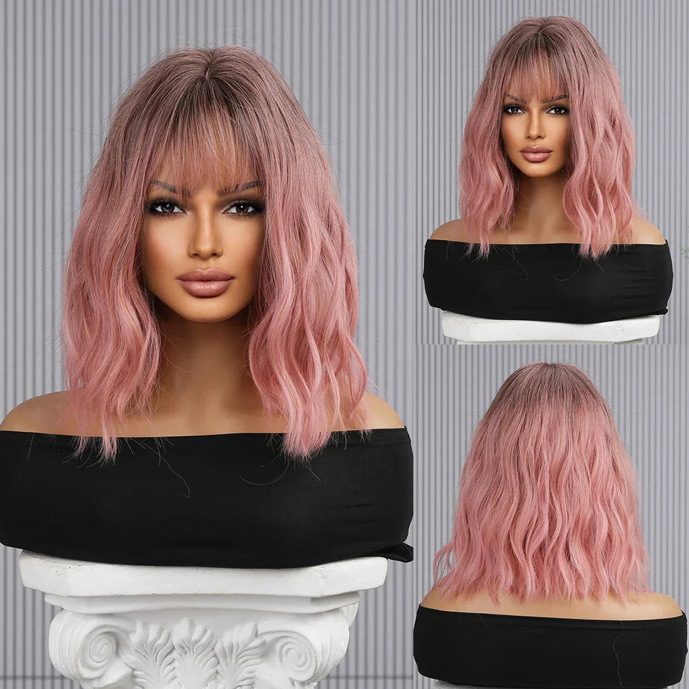 CharmSource Pink BOBO Short Synthetic Wig for Women — Natural Wave, High-Density, Heat-Resistant Hair for Daily & Party