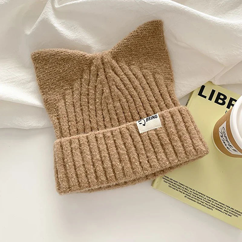 Cute Cat Ears Beanie for Women – Warm Autumn Winter Knitted Hat, Sweet Ear Protection Pullover