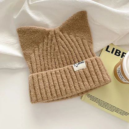 Cute Cat Ears Beanie for Women – Warm Autumn Winter Knitted Hat, Sweet Ear Protection Pullover