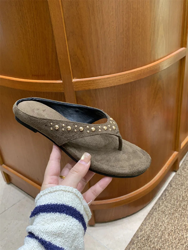 Women’s Studded Flip Flops - Suede Thong Sandals with Rivets for Casual Summer Beach Wear
