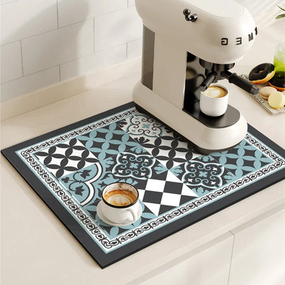 Retro Coffee Maker & Dish Drying Mat – Non-Slip, Quick-Dry Kitchen Placemat for Tableware, Washable