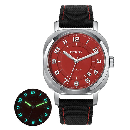 BERNY Women’s Mechanical Watch — Self-Wind Pillow Cushion Design with Sapphire Crystal, Super Luminous Display, Canvas Strap, and Calendar Function