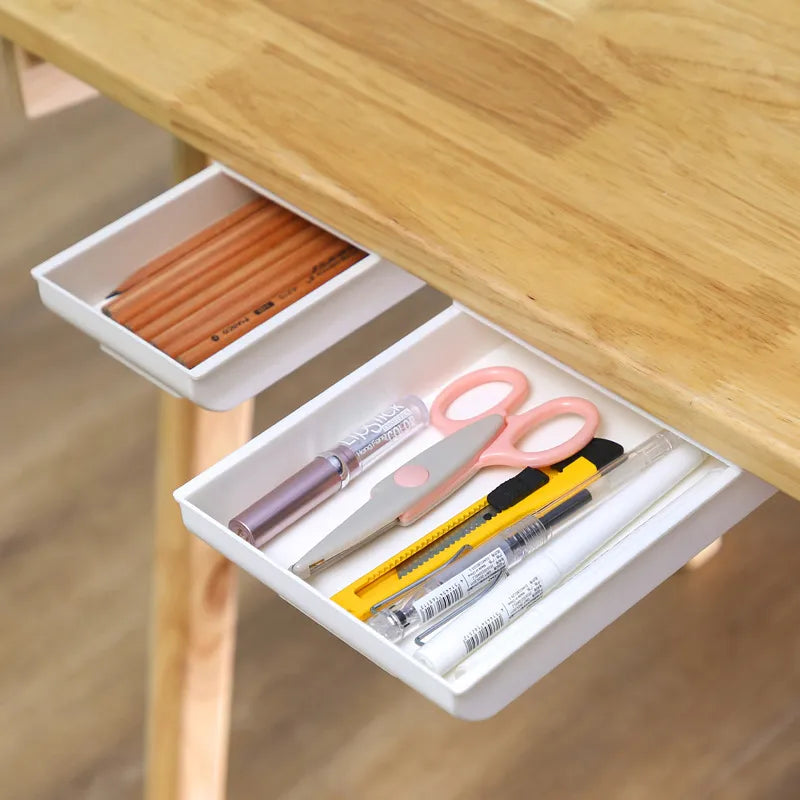 Under Desk Self-Stick Pencil Tray - Hidden Drawer Storage Box for Pens and Stationery, Ideal for Office and Home Organization