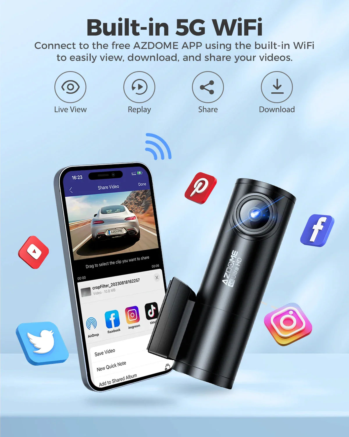 AZDOME M300S Dash Cam – 4K+1080P Dual Car Camera, Built-in 5.8GHz WiFi, GPS, 24H Parking Mode, Night Vision Black Box