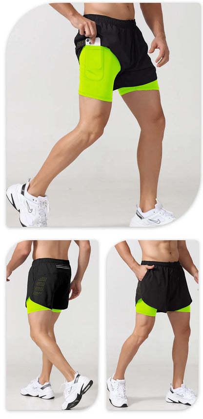 Men’s Quick-Dry Running Shorts — Black Double Layer Sport Workout Training Bodybuilding Shorts