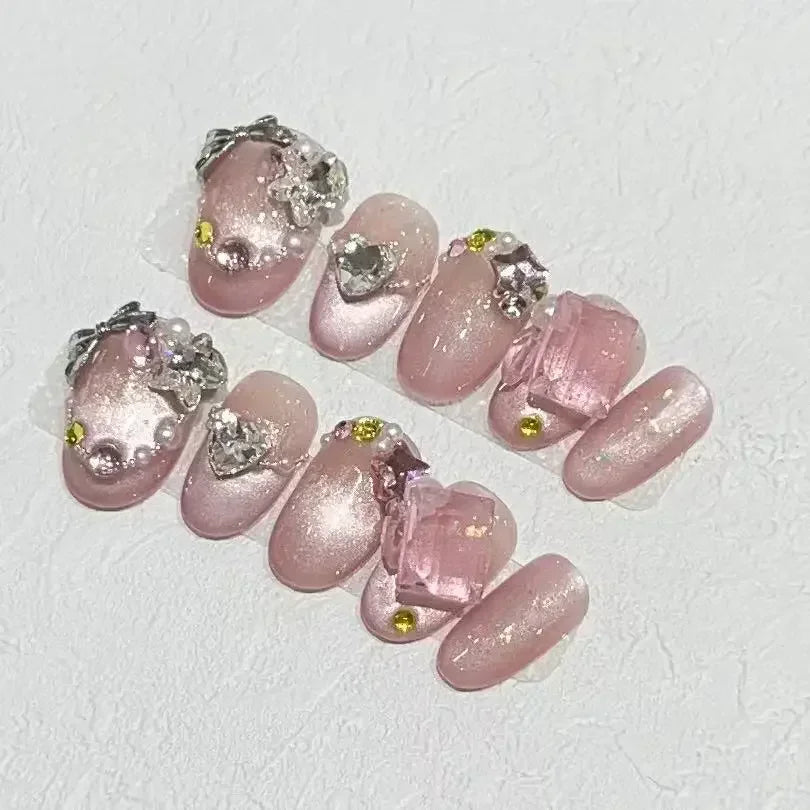 10 Pcs Short Handmade Pink Press-On Nails – Spring French Rhinestone Plaid Full Cover Fake Nail Tips