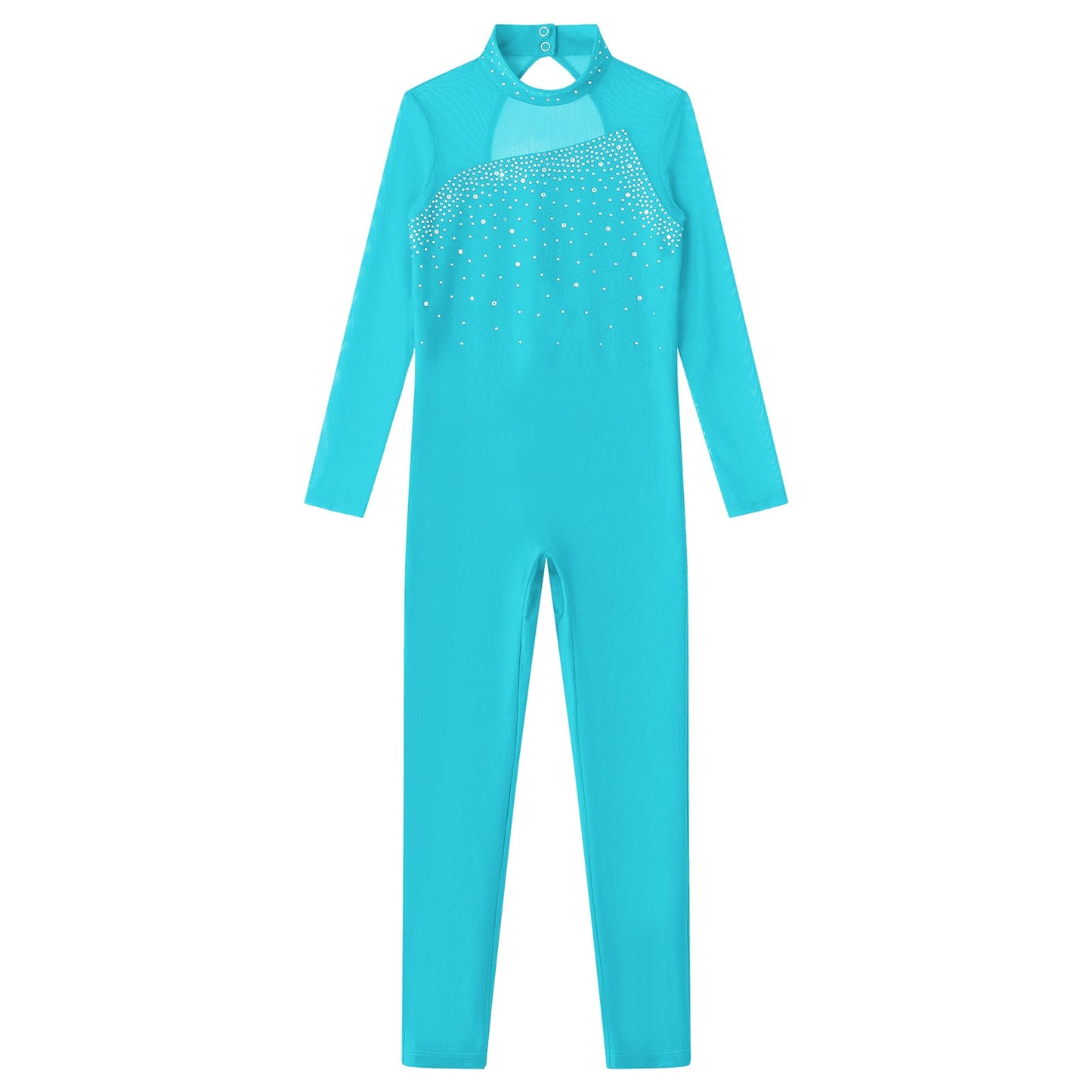 Kids Girls Long Sleeve Rhinestone Bodysuit — Full Body Dancewear Gymnastics Leotard Skating Jumpsuit