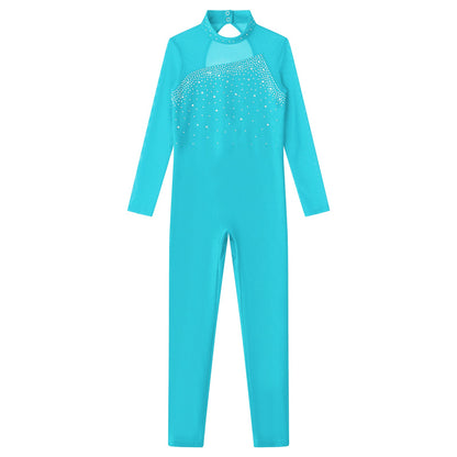 Kids Girls Long Sleeve Rhinestone Bodysuit — Full Body Dancewear Gymnastics Leotard Skating Jumpsuit