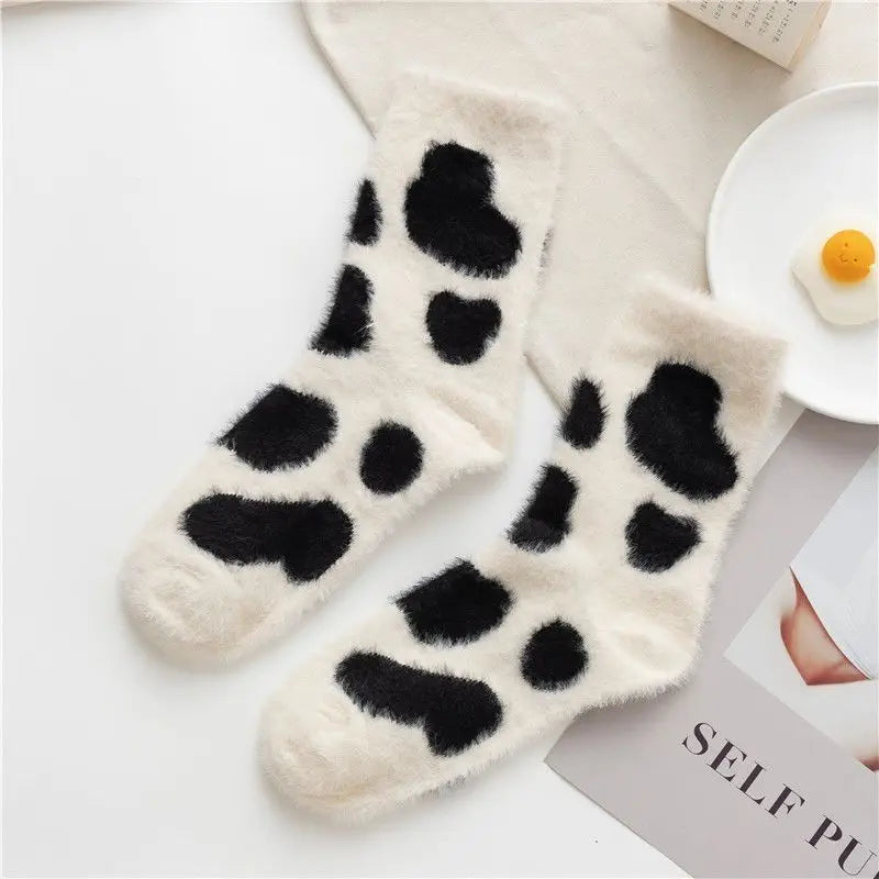 Cartoon Cow Mink Velvet Socks — Cute Cloud Plush Medium Tube Winter Socks for Women, Soft Indoor Stockings