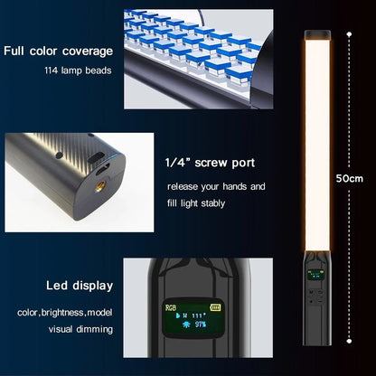 Handheld RGB LED Light Wand 50CM – Adjustable 2500K-9000K CRI 95+ Colorful Stick Light for Photography & Studio Lighting